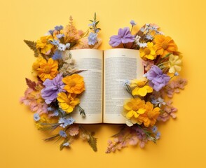 Opened book with flowers on yellow background