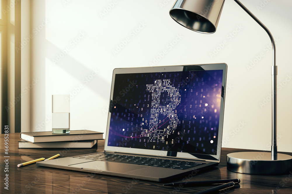 Poster modern computer monitor with creative bitcoin symbol. cryptocurrency concept. 3d rendering