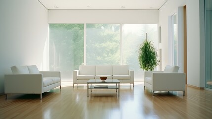 Minimalist Living Room with Sleek, White Furniture and Large Windows