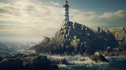 A solitary lighthouse stands atop a rocky outcropping, the beacon of light warning ships of the...