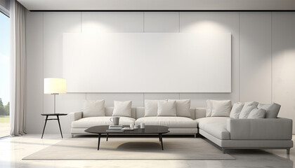 Modern living room Mockup poster frame on the wall, a stylish sofa in Scandinavian Livingroom, 3d rendering, 3d illustration copy space. Stylish interior design