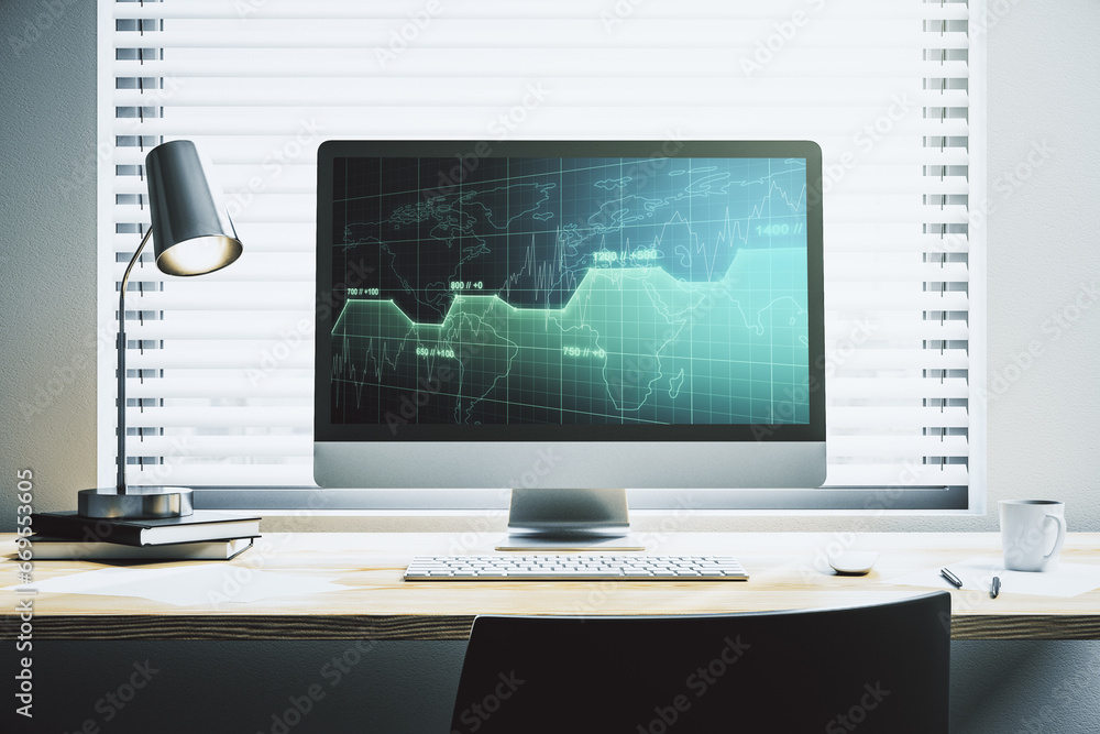 Aufkleber Modern computer monitor with abstract creative statistics data hologram, statistics and analytics concept. 3D Rendering