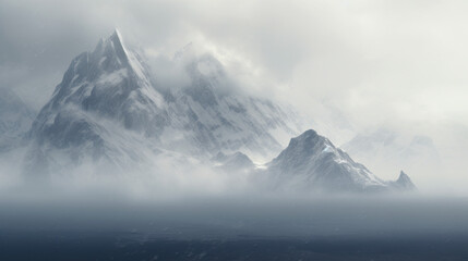 Fototapeta na wymiar A snow-capped mountain range shrouded in mist