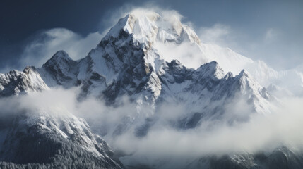 A snow-capped mountain stands tall in the distance, its peak illuminated by the bright light of the sun
