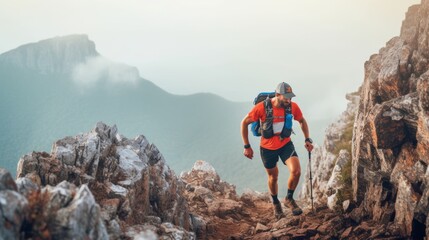 Obraz premium Resilient Trail Ultrarunner Ascending Rocky Peak