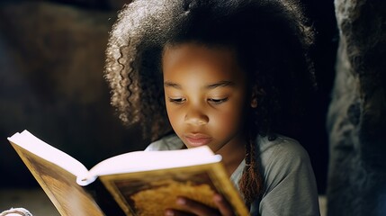 Young girl reading a donated book - obrazy, fototapety, plakaty