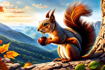 Fotobehang Draw a picture of a squirrel eating an acorn in the mountains. Generative AI © 지연 김