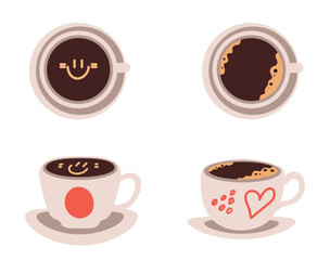 Coffee cup top view above chocolate steam hot cappuccino isolated set. Vector flat graphic design illustration