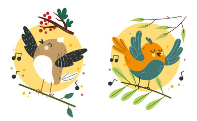 Forest birds cute cartoon characters isolated set. Vector flat graphic design illustration