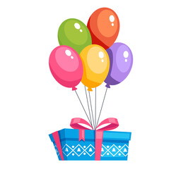 Gift box hanging on balloons sky party celebration concept. Vector flat graphic design illustration
