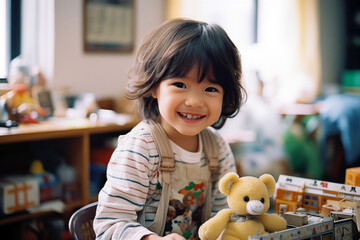 Joyful young girl with tousled hair with toys in a room filled with books, exuding innocence and childhood wonder.