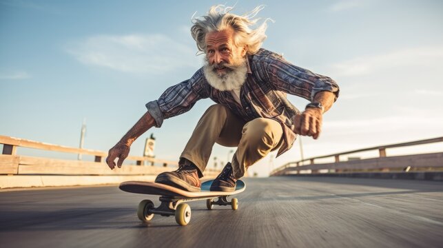 Confident Older Gentleman Skateboarding on Boardwalk