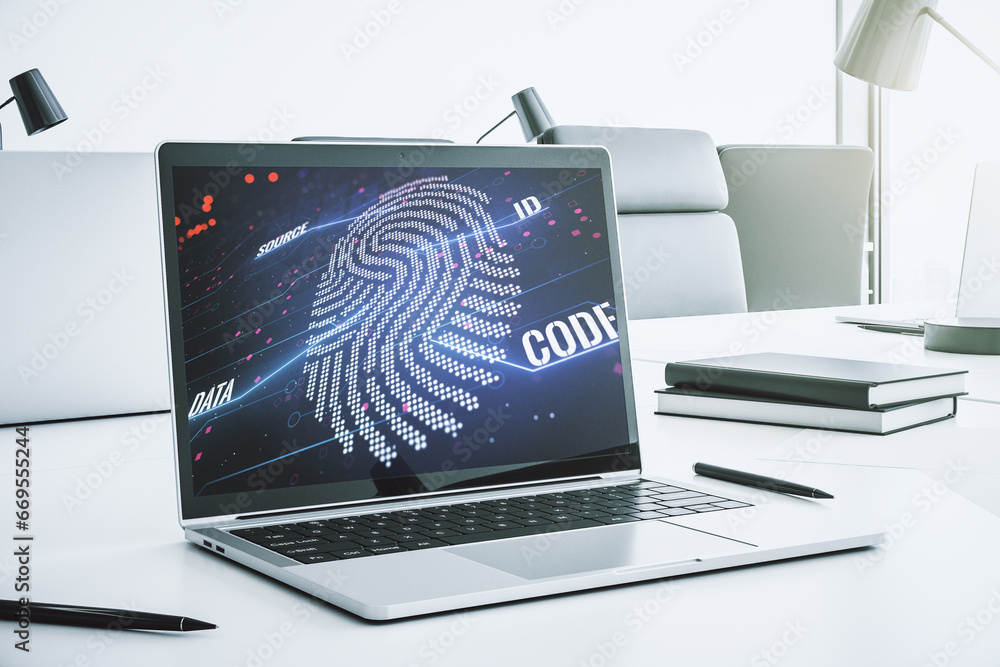 Aufkleber Computer monitor with abstract creative fingerprint illustration, personal biometric data concept. 3D Rendering
