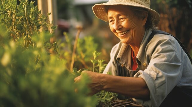 Joyful Elderly Woman Tending to Flourishing Garden