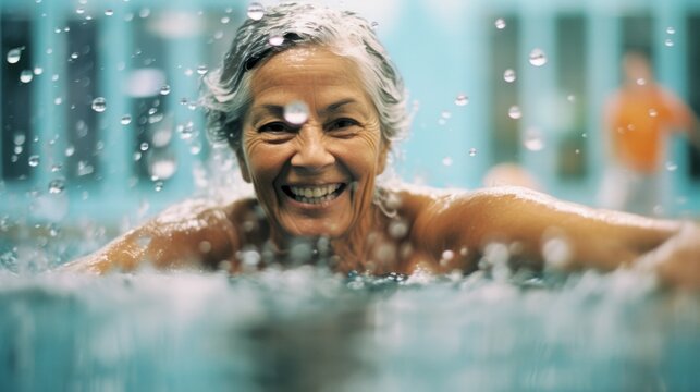 Active Older Woman Enjoying Water Aerobics In A Swimming Pool