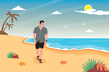 Obraz na płótnie Canvas Man walking on the beach. Summertime. Vector illustration in flat style