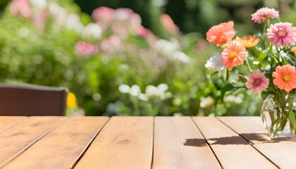 Empty wooden table top with on blurred colorful Flowers.