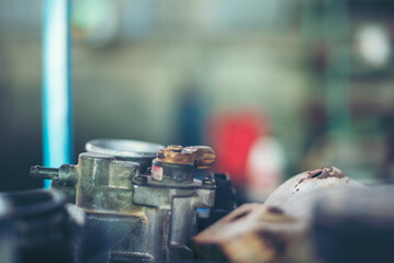 Heavy screw grungy rusted wrenches dirty screwdriver object. Industrial hardware set. Mechanic tools engineering equipment car auto repair shop with copy space. Blurred background mechanical service