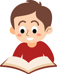 The happy boy is relaxing and enjoying reading books to study and gain knowledge.