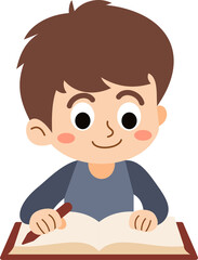 The happy boy is relaxing and enjoying reading books to study and gain knowledge.