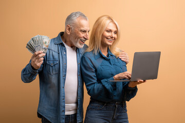 Emotional senior couple using laptop on beige background, showing money