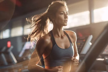 Poster Portrait of young personal trainer, woman working out at gym, running on treadmill and doing fitness exercises. healthy concept sunset light © aboutmomentsimages