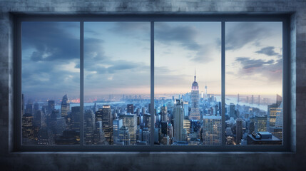 Fototapeta na wymiar A slate window, with a view of the city skyline