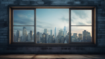 A slate window, with a view of the city skyline