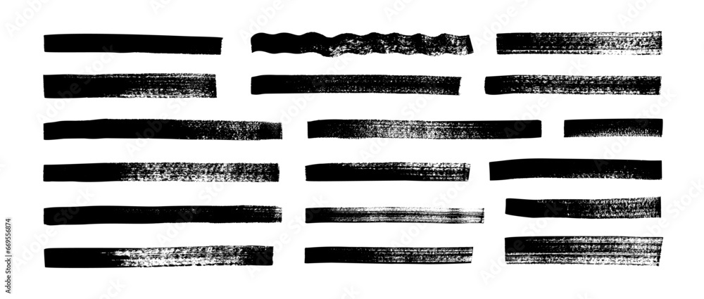 Poster black highlighter bold horizontal lines set. brush drawn vector stripes with dry brush texture.