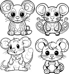 a cartoon, a cute (mouse) coloring page, black and white