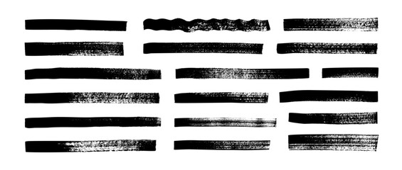 Black highlighter bold horizontal lines set. Brush drawn vector stripes with dry brush texture. - obrazy, fototapety, plakaty