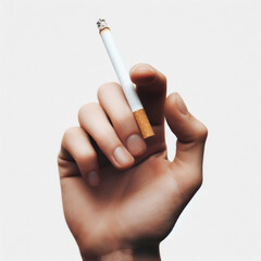 a hand holding a cigarette vertically isolated on white background. ai generative
