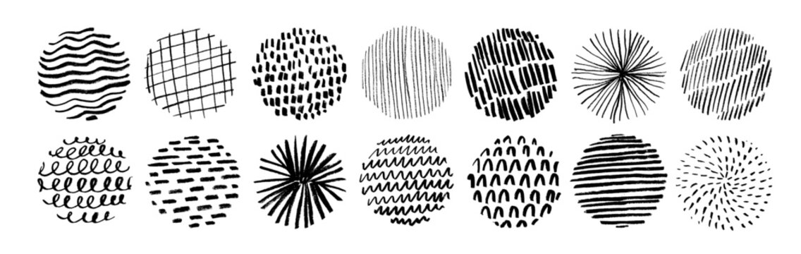 Doodle lines texture in circles shapes. Decorative childish patterns collection.