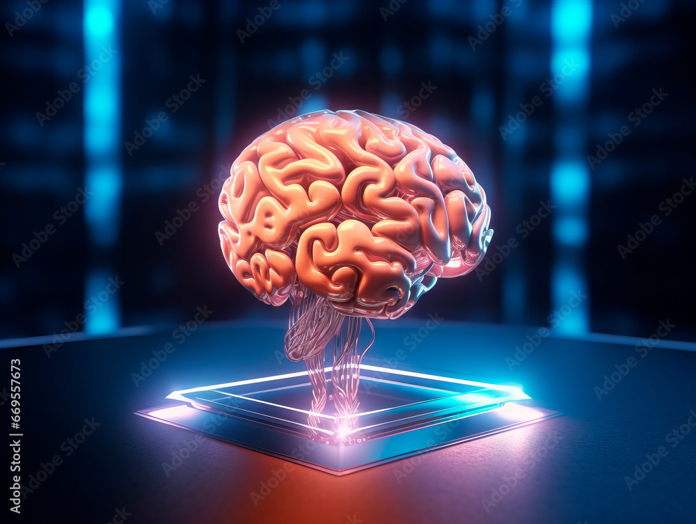 Poster human brain on a digital tablet. artificial intelligence concept. generative ai