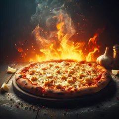 Foto op Plexiglas Hot pizza with melted cheese, fire and flying background. ai generative © Igor