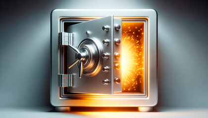 Open steel safe with light rays coming out. Generative AI - obrazy, fototapety, plakaty