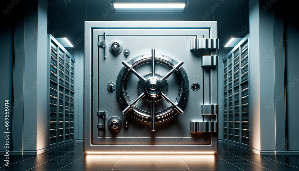 Poster vault door with a combination lock inside. Generative AI
