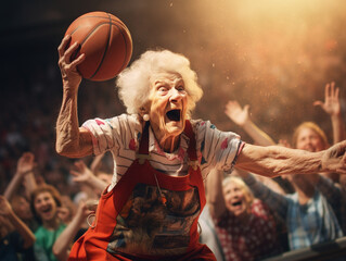 A Photo of an Elderly Woman Shooting a Basketball into a Hoop with a Cheering Crowd Behind Her