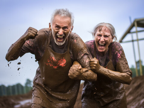 A Photo Of An Elderly Couple Participating In A Mud Run, Laughing And Covered In Mud