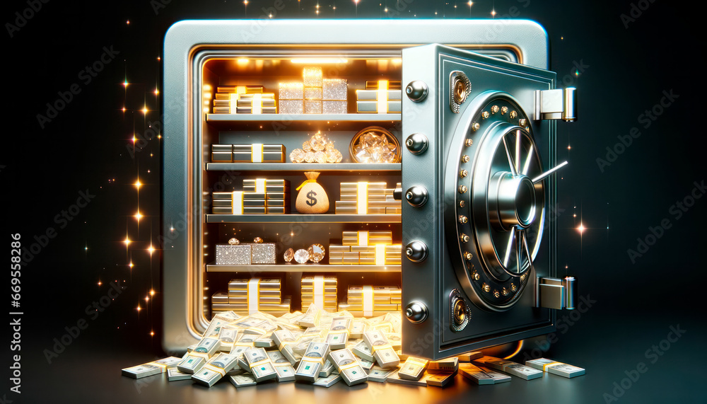 Poster safe with gold coins and banknotes. generative ai