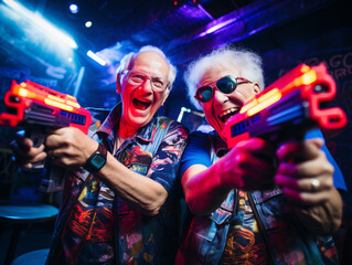 A Photo of Elderly Friends Having a Blast While Playing Laser Tag