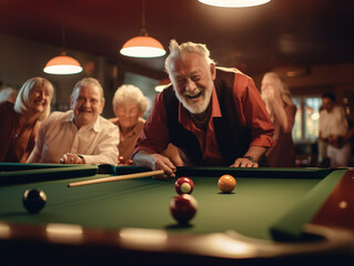 A Photo of Older Men and Women Challenging Each Other in a Game of Pool