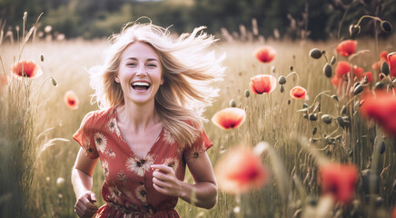 primo piano di giovane donna in abito estivo che corre sorridente in un campo con erbe e fiori, luce naturale