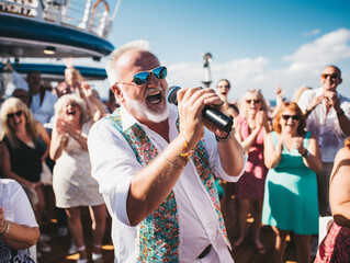 A Photo of Older Men and Women Enjoying a Karaoke Session on a Cruise Ship