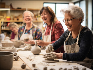 A Photo of Older Women at a Pottery Class Laughing and Molding Clay Together - obrazy, fototapety, plakaty