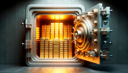 Closed bank vault with gold bars inside. Generative AI