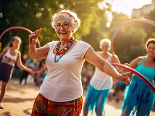 A Photo of Older Women Trying Out Hula Hooping at a Park