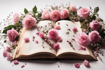 A cinematic photo of image of magical open book with flowers. ai generative