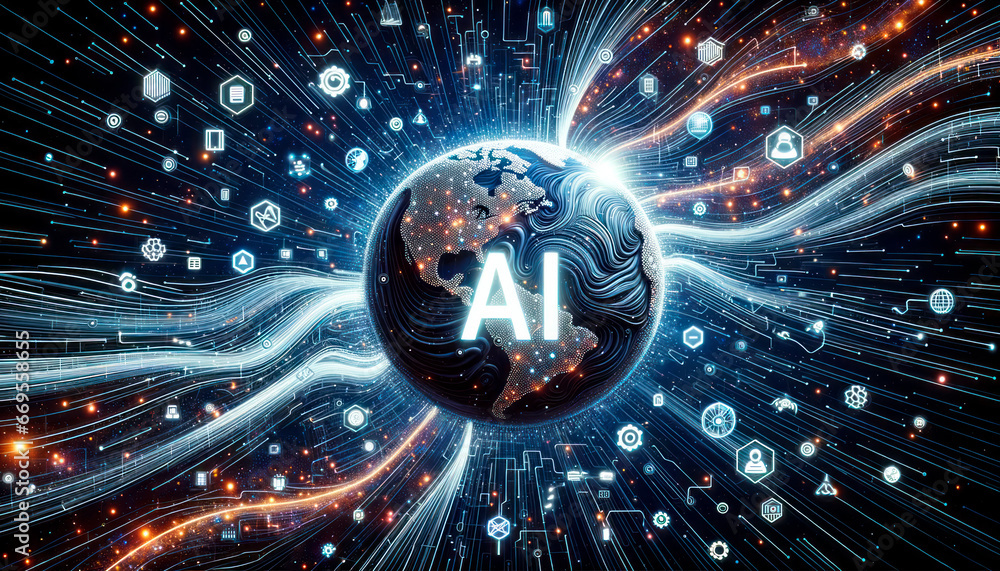 Aufkleber Globe with AI text and network connections. Artificial intelligence concept. Generative AI