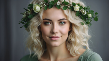 portrait of a young cheerful woman with a hairstyle decorated with a flower wreath on her head on a background,generative ai
